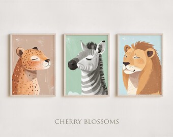 Posterset, Safari, Löwe, Zebra, Leopard, Kinderzimmer, Minimalistisch