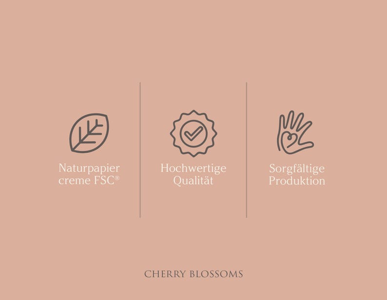May include: Three icons on a light pink background. The first icon is a leaf, the second is a checkmark inside a circle, and the third is a hand with a heart inside. The text below the icons reads "Naturpapier creme FSC&reg;, Hochwertige Qualit&auml;t, Sorgf&auml;ltige Produktion" and "CHERRY BLOSSOMS".