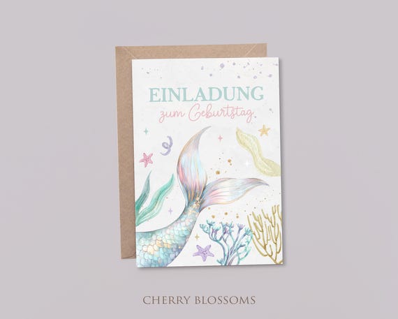 Einladungskarten Kindergeburtstag-Meerjungfrau-Einladung für Kinder-Mädchen-Kindergeburtstag-DIN A6-Naturpapier