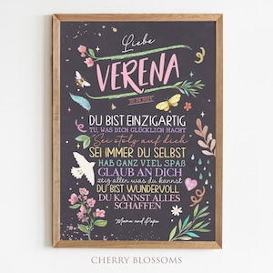 Personalisiertes Geschenk zum Schulanfang, Poster mit Sprüchen für&#39;s Schulkind, Mädchen, Blumen #001