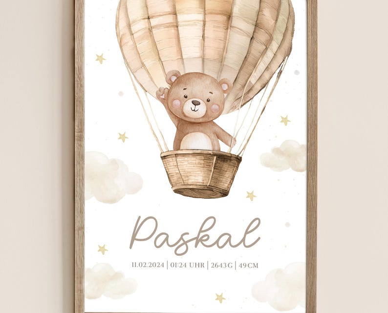 May include: Watercolor illustration of a teddy bear in a hot air balloon. The bear is waving from a wicker basket. The background is white with clouds and stars. The name "Paskal" is written below the balloon.