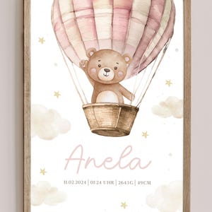 May include: A framed watercolor print featuring a teddy bear in a hot air balloon. The balloon is pink and white, and the bear is in a woven basket. The print includes the name "Anela" and other details.