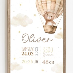 Geburtsposter Teddybär im Heißluftballon mit Sternen & Wolken