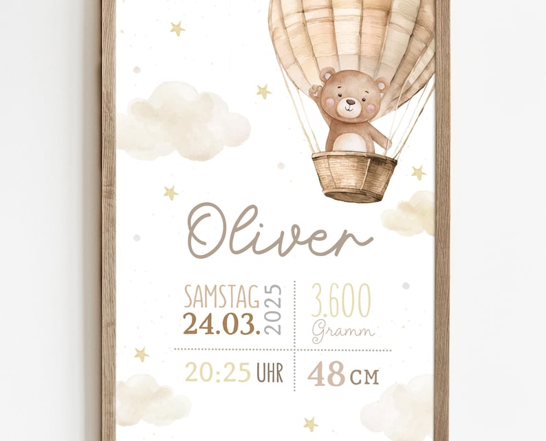 Geburtsposter Teddybär im Heißluftballon mit Sternen & Wolken