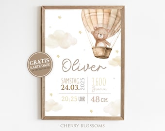 Geschenk zur Geburt | Personalisiertes Geburtsposter mit Geburtsdaten | Baby Poster Teddy im Heißluftballon | Sterne & Wolken | Kinderzimmer