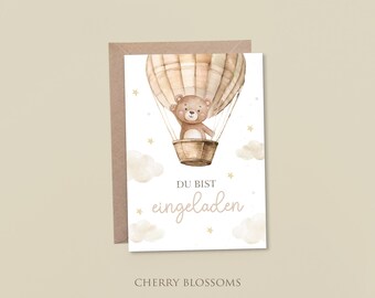 Einladungskarten Kindergeburtstag-Teddybär-Heißluftballon -Einladung für Kinder-Kindergeburtstag-DIN A6-Naturpapier