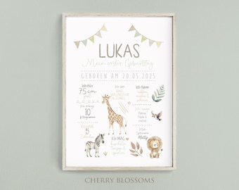 Meilensteinposter zum ersten Geburtstag, personalisiert, Safari, Löwe, Tiere Meilensteintafel