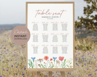 Wildflower Seating Chart, Wedding Seating Chart Template, Editable Seating Sign Poster, Printable, Instant Download, A100