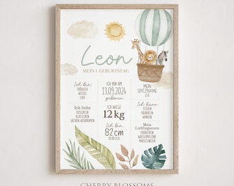Meilensteinposter zum ersten Geburtstag, personalisiert, Safari, Löwe, Tiere Meilensteintafel
