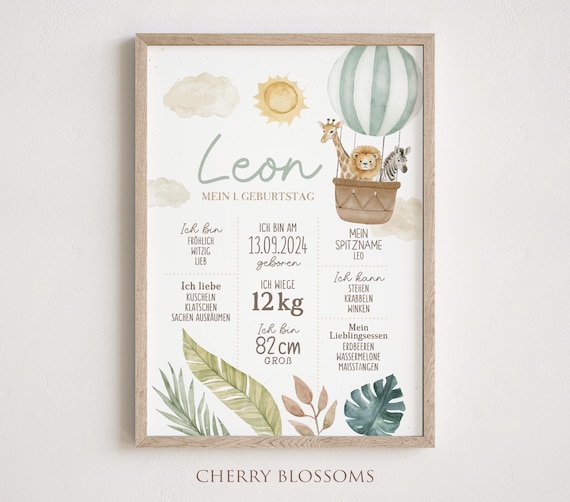 Meilensteinposter zum ersten Geburtstag, personalisiert, Safari, Löwe, Tiere Meilensteintafel