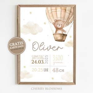 Geburtsposter Teddybär, Geburtstafel, Geburtsdaten-Poster, Geburtsanzeige, Geschenk Geburt, Geburtsanzeige Teddy