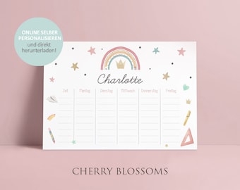 Stundenplan personalisierbar, Einschulung, Regenbogen, Digital, Mädchen, Schulkind, Geschenk zur Einschulung, selber personalisieren #S11