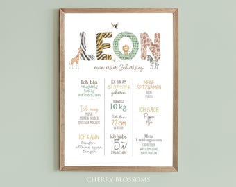 Meilensteinposter zum ersten Geburtstag, Namensposter, personalisiert, Safari, Löwe, Tiere Meilensteintafel