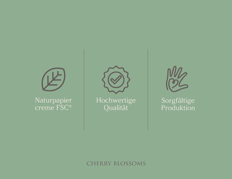 May include: A light green background with three icons and text. The icons are a leaf, a badge with a checkmark, and a hand with a heart. The text reads "Naturpapier creme FSC", "Hochwertige Qualit&auml;t", and "Sorgf&auml;ltige Produktion". The text "CHERRY BLOSSOMS" is at the bottom.