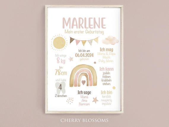 Meilensteinposter zum ersten Geburtstag, personalisiert, Regenbogen, Mädchen, Boho, Meilensteintafel