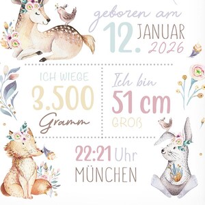 Geschenk zur Geburt | Personalisiertes Geburtsposter mit Geburtsdaten | Babyposter Reh  Waldtiere | Geburtsanzeige Kinderzimmer