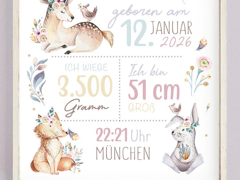 Geschenk zur Geburt | Personalisiertes Geburtsposter mit Geburtsdaten | Babyposter Reh  Waldtiere | Geburtsanzeige Kinderzimmer