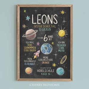 May include: A chalkboard with a space-themed design for a child's first day of school. It says "Leons" and "First Day of School" with the date "10.08.2025". It also includes details about the child's age, interests, and favorite color.