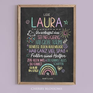 May include: A black chalkboard with white chalk writing that says "Liebe Laura" at the top. The rest of the chalkboard is filled with encouraging messages written in colorful chalk, including "Du schaffst das", "Sei neugierig", "Hab große Träume", "Genieße jeden Augenblick", "Hab ganz viel Spaß", "Fehler sind Helfer", "Zeig allen was + du kannst alles schaffen", "Du kannst", "Glaub an dich", and "Mama & Papa".