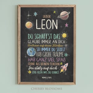 May include: A chalkboard with a black background and white chalk writing. The text says "Lieber Leon" and includes a message of encouragement and support. The chalkboard is framed in wood and has a white background.