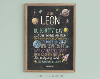 Personalisiertes Geschenk zum Schulanfang, Poster mit Sprüchen für's Schulkind, Planeten Weltall