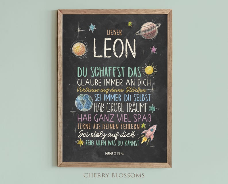 May include: A chalkboard with a black background and white chalk writing. The text says "Lieber Leon" and includes a message of encouragement and support. The chalkboard is framed in wood and has a white background.