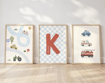 Posterset personalisiert, Autos, Fahrzeuge, Namensposter Buchstabenposter, Kinderzimmer, Minimalistisch,  Namensschild