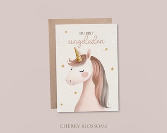 Einladungskarten Kindergeburtstag-Einhorn-Einladung für Kinder-Mädchen-Kindergeburtstag-DIN A6-Naturpapier