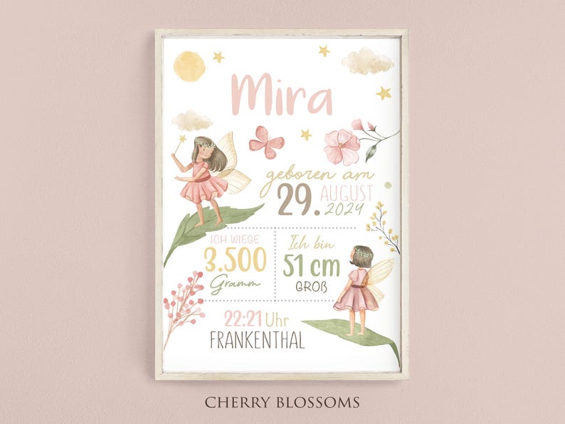 Puede incluir: Una tarjeta de anuncio de nacimiento rosa y verde con una ilustraci&oacute;n de acuarela de un hada. La tarjeta dice "Mira geboren am 29. AUGUST 2024" e incluye el peso y la altura del beb&eacute;. La tarjeta tambi&eacute;n dice "22:21 Uhr FRANKENTHAL" y "CHERRY BLOSSOMS".