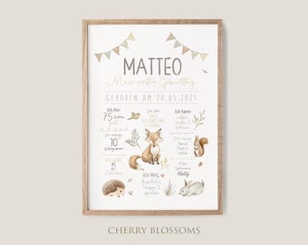 Meilensteinposter zum ersten Geburtstag, personalisiert, Waldtiere, Fuchs, Tiere Meilensteintafel, Woodland