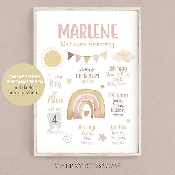 Meilensteinposter zum ersten Geburtstag, Regenbogen, Mädchen, Digital, Boho ,Meilensteintafel selber personalisieren, Sofort Download