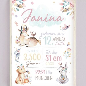 Geschenk zur Geburt | Personalisiertes Geburtsposter mit Geburtsdaten | Babyposter Reh  Waldtiere | Geburtsanzeige Kinderzimmer