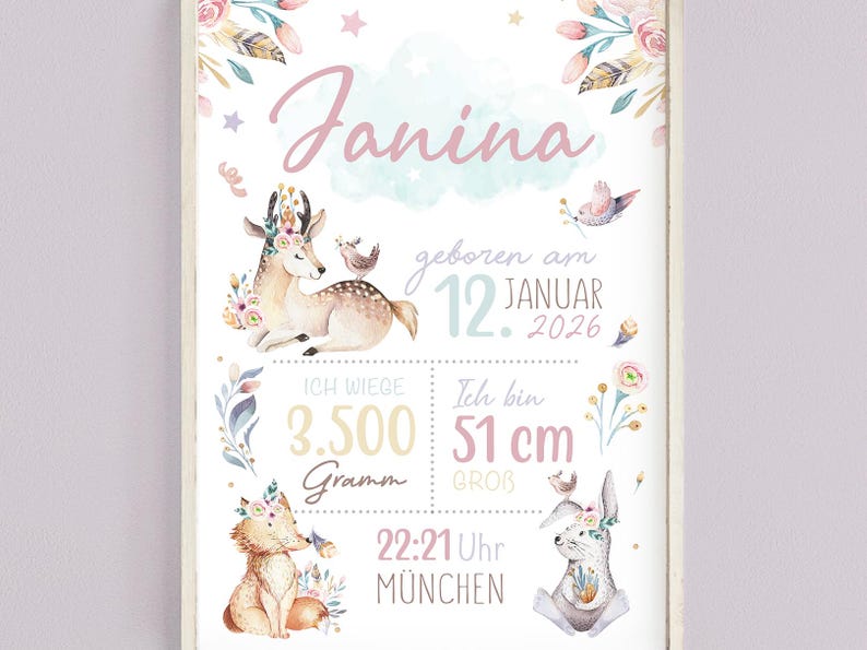 Geschenk zur Geburt | Personalisiertes Geburtsposter mit Geburtsdaten | Babyposter Reh  Waldtiere | Geburtsanzeige Kinderzimmer