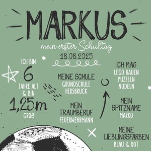May include: A framed green chalkboard-style print with the name "MARKUS" in large, black, handwritten letters. The print includes details about the subject's first day of school, age, height (1.25m), favorite activities, and favorite colors.