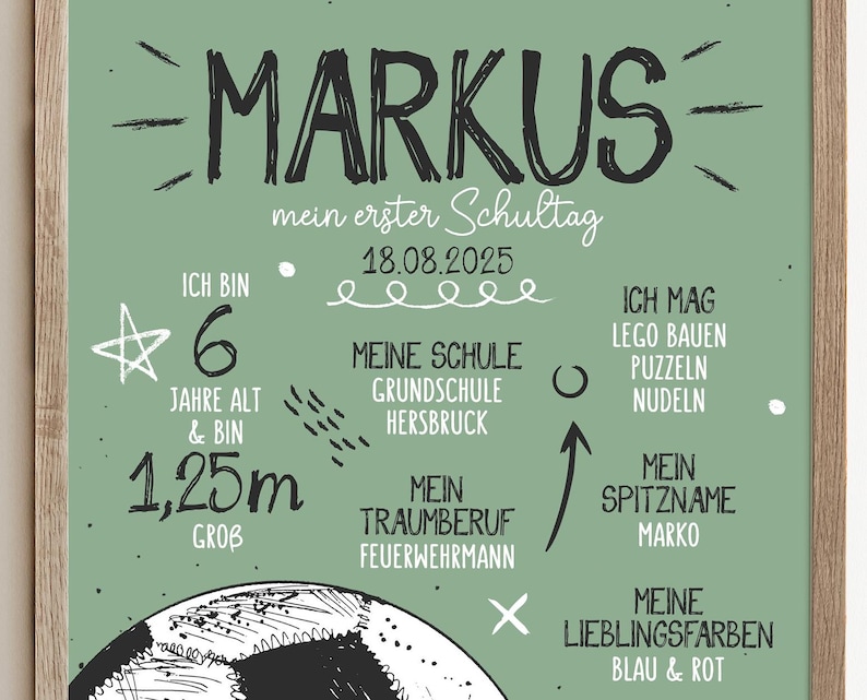 May include: A framed green chalkboard-style print with the name "MARKUS" in large, black, handwritten letters. The print includes details about the subject's first day of school, age, height (1.25m), favorite activities, and favorite colors.