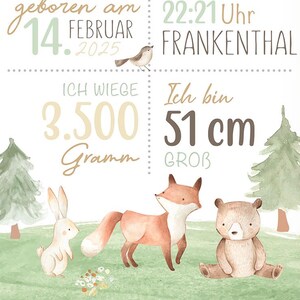 Geburtsposter Waldtiere, Geburtstafel, Geburtsdaten-Poster,Geburtsanzeige, Geschenk Geburt, Geburtsanzeige Waldtiere