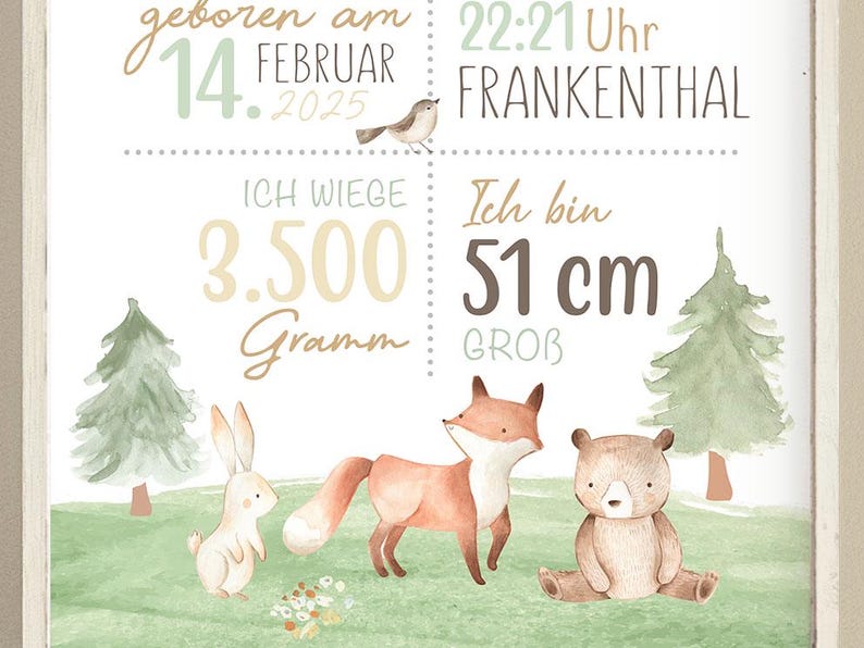 Geburtsposter Waldtiere, Geburtstafel, Geburtsdaten-Poster,Geburtsanzeige, Geschenk Geburt, Geburtsanzeige Waldtiere