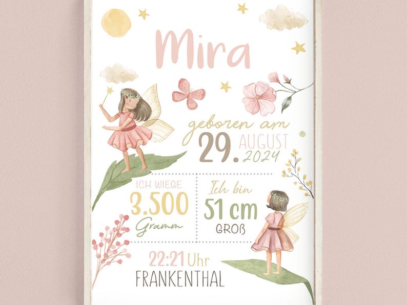 Puede incluir: Una tarjeta de anuncio de nacimiento rosa y verde con una ilustraci&oacute;n de hada. La tarjeta dice "Mira geboren am 29. AUGUST 2024" e incluye el peso y la longitud del beb&eacute;.