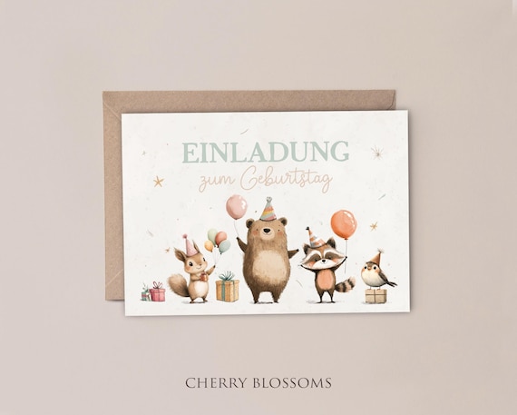 Einladungskarten Kindergeburtstag-Waldtiere-Einladung für Kinder-Kindergeburtstag-DIN A6-Naturpapier