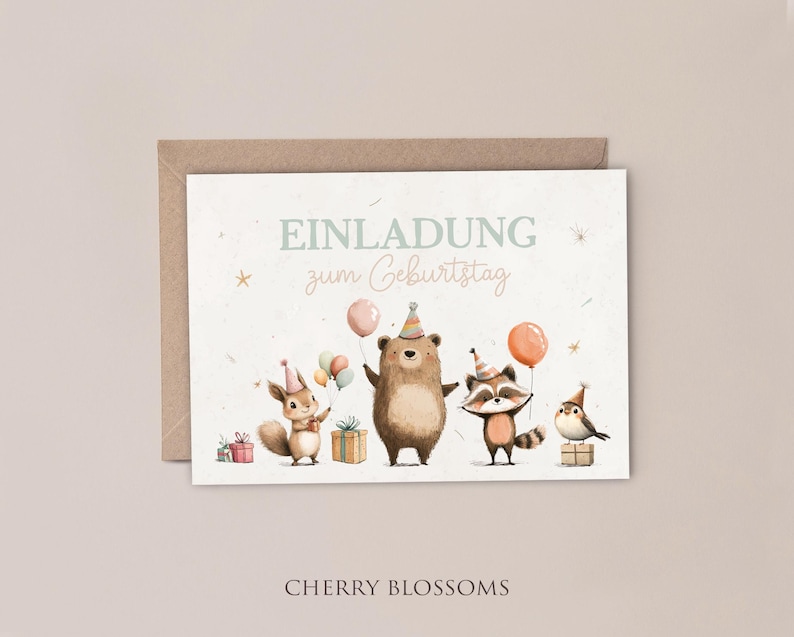 Einladungskarten Kindergeburtstag-Waldtiere-Einladung für Kinder-Mädchen-Kindergeburtstag-DIN A6-Naturpapier