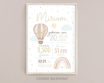 Personalisiertes Geburtsposter mit Geburtsdaten | Babyposter Heißluftballons Regenbogen | Geburtsanzeige Kinderzimmer | Geschenk zur Geburt