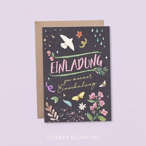 Einladungskarten zur Einschulung zum Ausfüllen-Mädchen-Einschulungseinladung-Schulanfang-Schulkind-DIN A6-Naturpapier #001