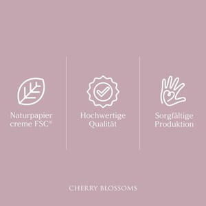 May include: Three white icons on a light pink background. The first icon is a leaf, the second is a checkmark inside a circle, and the third is a hand with a heart in the palm. The text below the icons reads "Naturpapier creme FSC", "Hochwertige Qualit&auml;t", and "Sorgf&auml;ltige Produktion". The text at the bottom of the image reads "CHERRY BLOSSOMS".