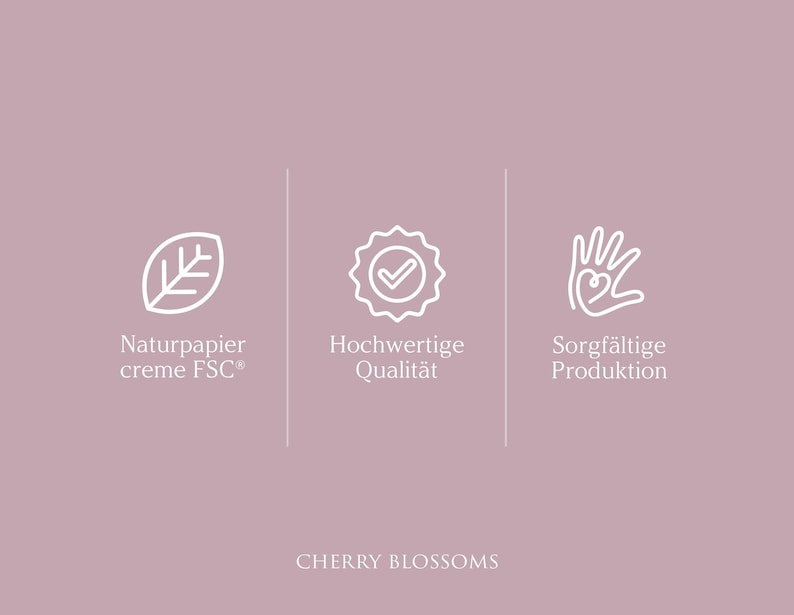 May include: Three white icons on a light pink background. The first icon is a leaf, the second is a checkmark inside a circle, and the third is a hand with a heart in the palm. The text below the icons reads "Naturpapier creme FSC", "Hochwertige Qualit&auml;t", and "Sorgf&auml;ltige Produktion". The text at the bottom of the image reads "CHERRY BLOSSOMS".