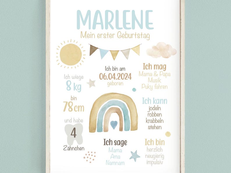 May include: A colorful illustrated poster for a first birthday with the name Marlene. The poster features a rainbow, a sun, a cloud, and a bunting. It includes details about the child's weight, height, and age. The text reads "Marlene, My first birthday, I weigh 8 kg, I am 78 cm tall, I was born on 06.04.2024, I say Mama, Ama, Namnam, I like Mama & Papa, Music, Puky riding, I can yodel, crawl, stand, I am friendly, curious, impulsive."