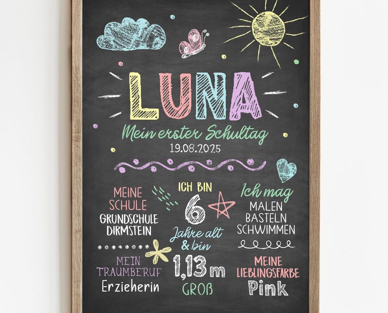 Meilensteintafel zur Einschulung, Regenbogen, personalisierte Einschulungstafel, Mädchen
