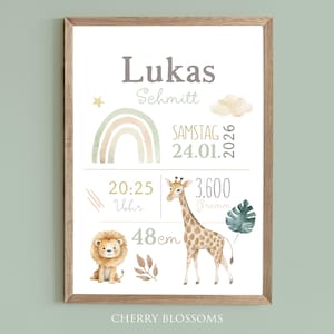 Geburtsposter Safari, Geburtstafel, Geburtsdaten-Poster, Geburtsanzeige, Geschenk Geburt, Geburtsanzeige Löwe bild 1
