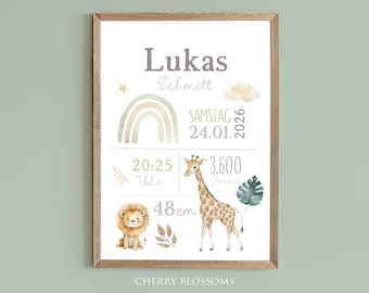 Geburtsposter Safari, Geburtstafel, Geburtsdaten-Poster, Geburtsanzeige, Geschenk Geburt, Geburtsanzeige Löwe