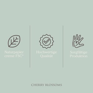 May include: Three icons on a light blue background. The first icon is a leaf, the second is a checkmark inside a circle, and the third is a hand with a heart inside. The text below the icons reads "Naturpapier creme FSC", "Hochwertige Qualit&auml;t", and "Sorgf&auml;ltige Produktion". The text at the bottom of the image reads "CHERRY BLOSSOMS".