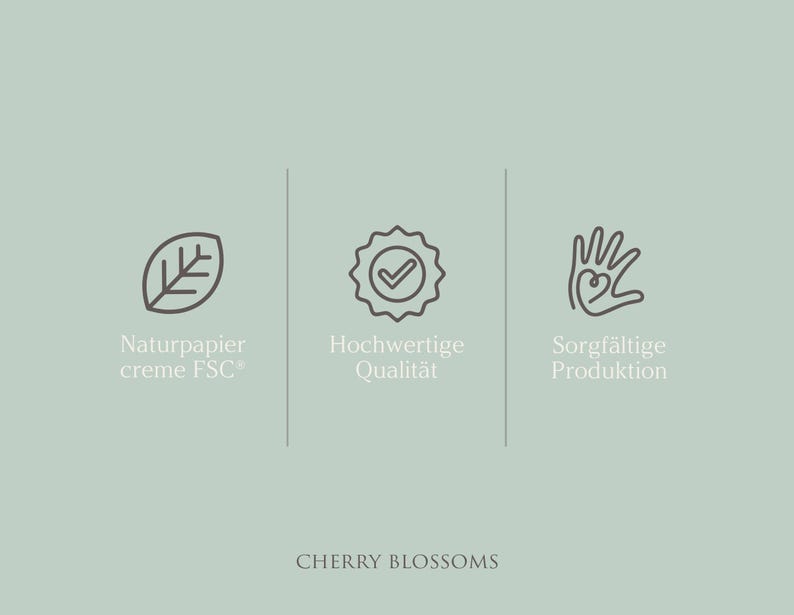 May include: Three icons on a light blue background. The first icon is a leaf, the second is a checkmark inside a circle, and the third is a hand with a heart inside. The text below the icons reads "Naturpapier creme FSC", "Hochwertige Qualit&auml;t", and "Sorgf&auml;ltige Produktion". The text at the bottom of the image reads "CHERRY BLOSSOMS".